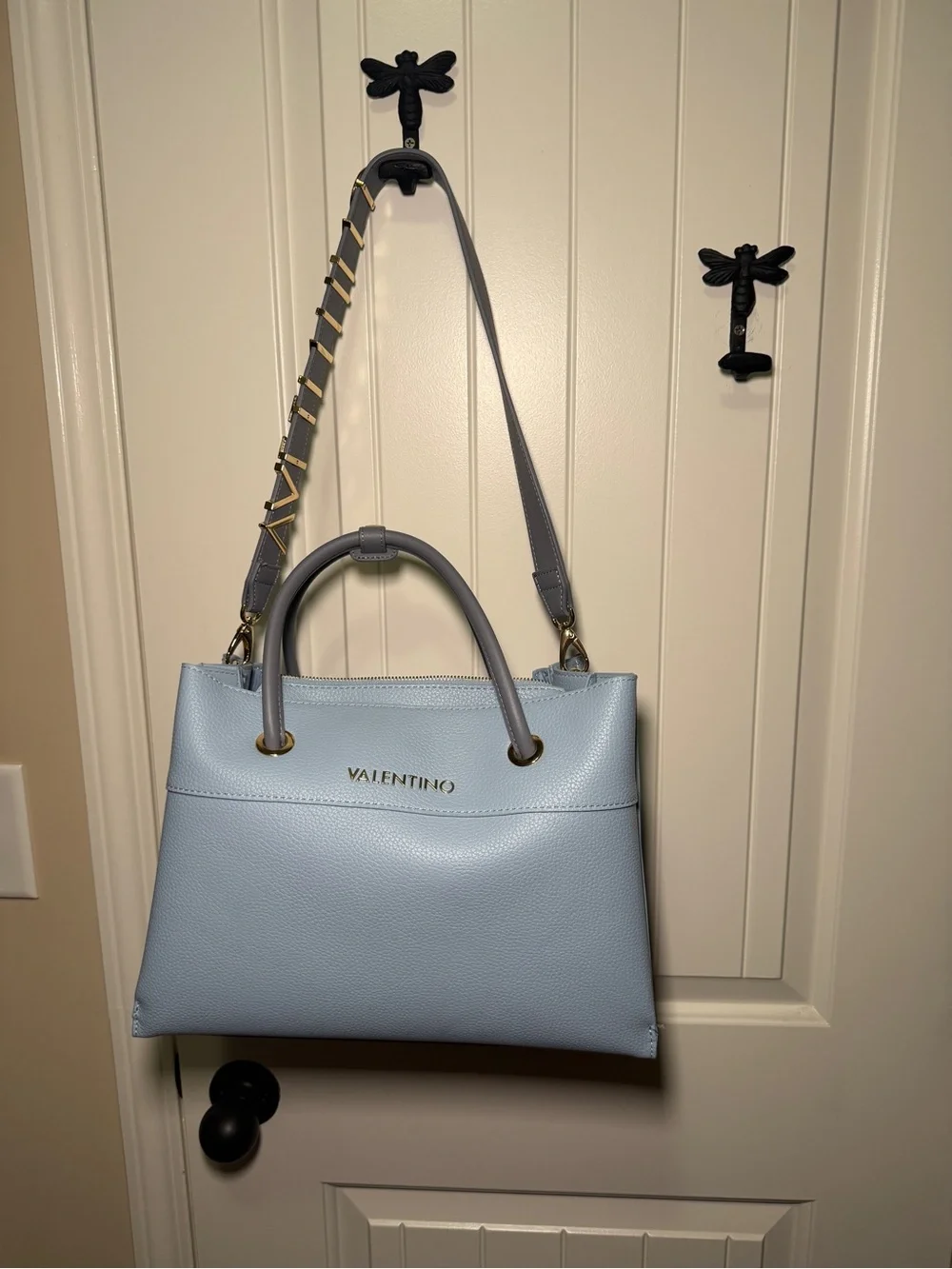 Mario Valentino Powder Blue Leather Satchel with Adjustable Strap